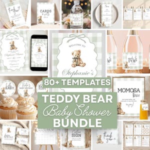 Green Shower Bundle Editable Gender Neutral Baby Decor Sage Gingham Invitation Pack Digital Game Set Instant Download Teddy Bear Theme Plaid