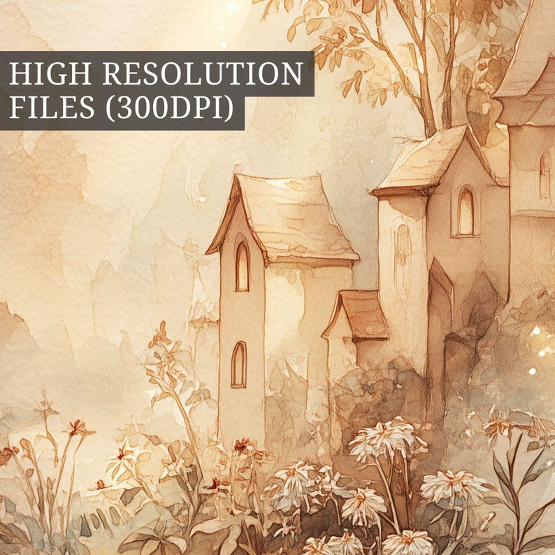 Puede incluir: Ilustraci&oacute;n en acuarela de edificios pintorescos con ventanas arqueadas y tejados puntiagudos, en un paisaje sereno. La imagen presenta una paleta de colores suaves, beige, marr&oacute;n y crema, con el texto "HIGH RESOLUTION FILES (300DPI)" en la parte superior.