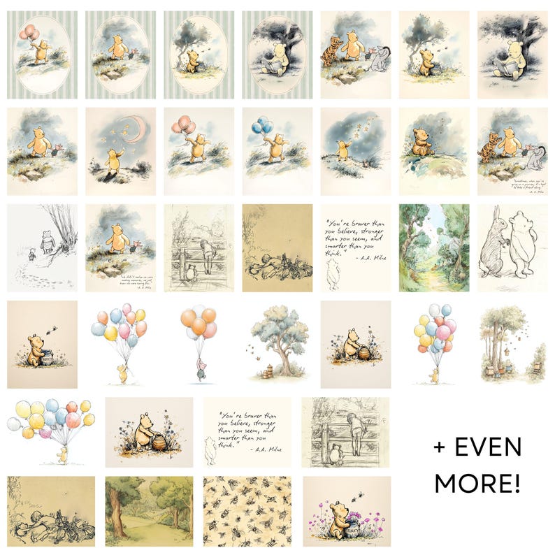 Winnie-the-Pooh Nursery Wall Art Digital Print Kids Room Woodland Gallery Set Childrens Playroom Boho Watercolor Painting Neutral Bundle Boy image 5