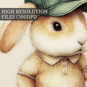 May include: Watercolor illustration of a rabbit wearing a green hat and a collared shirt. The rabbit has tan fur and large, dark eyes. The image has the text "HIGH RESOLUTION FILES (300DPI)" in the upper left corner.