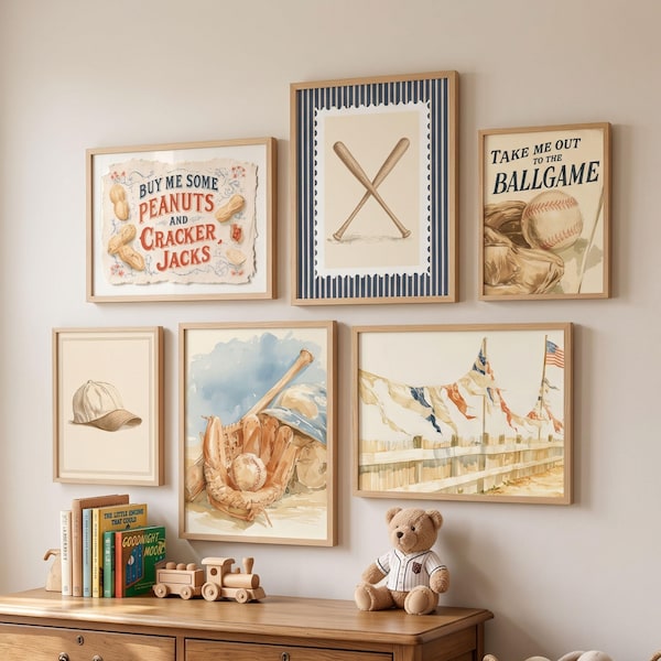Vintage Baseball Quote Nursery Wall Art Set 6 Wood Framed Print Americana Ballgame Sport Toddler Room Above Crib Red White Blue Decor Gift
