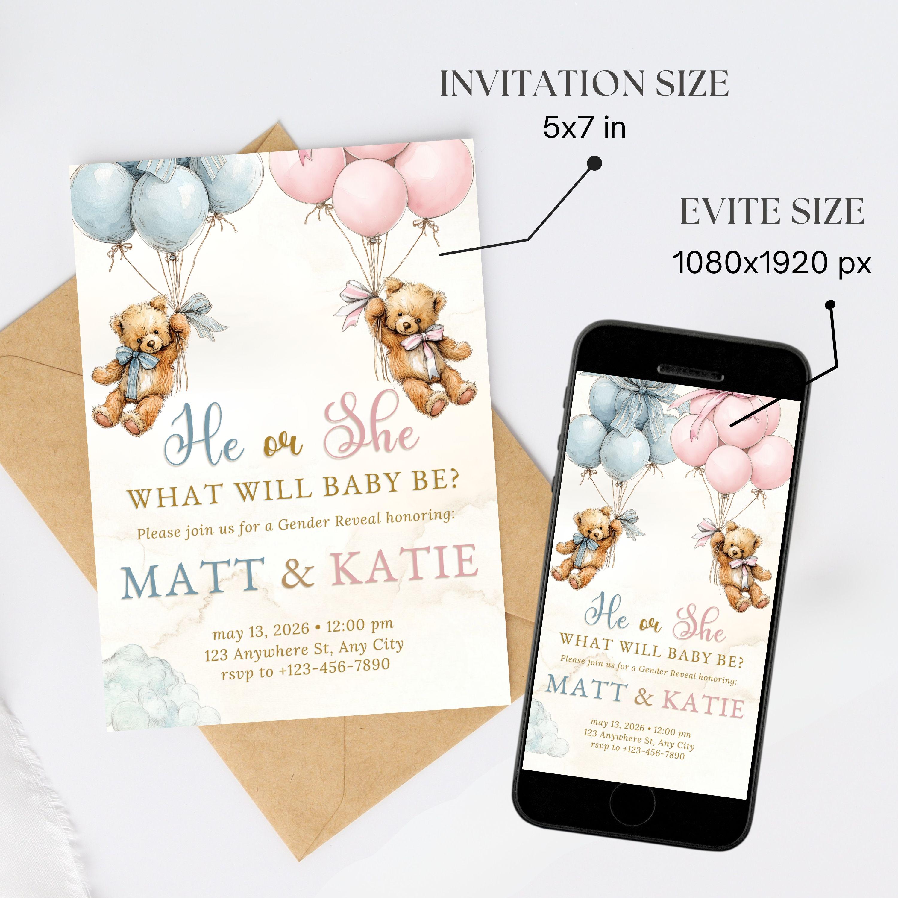 Gender Reveal Invitation Printable He or She Bear Theme Invite Edit ...