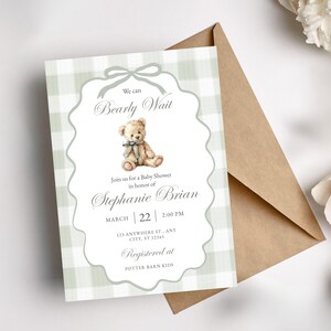 Download Sage Green Gingham Gender Neutral Shower Invitation Editable Plaid Bear