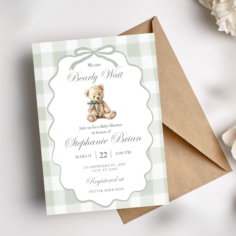 Download Sage Green Gingham Gender Neutral Shower Invitation Editable Plaid Bear
