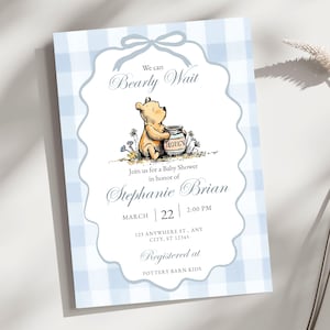 Classic Pooh Bear invite template for baby boy shower featuring soft blue plaid party design and editable text
