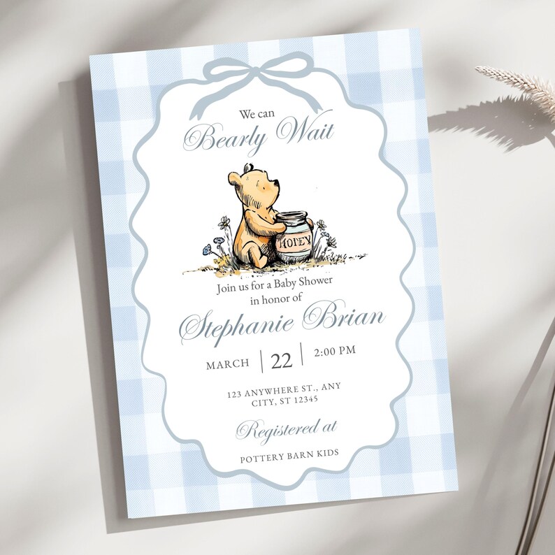 Classic Pooh Bear invite template for baby boy shower featuring soft blue plaid party design and editable text