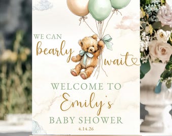 Welkomstbord babyshower print digitale download teddybeer thema decoratie salie groen genderneutraal beige entree display Bearly Wait
