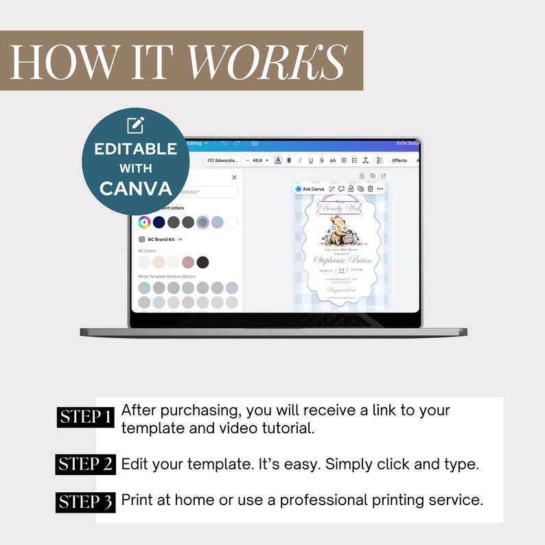 May include: A laptop screen displays a baby shower invitation template with a Winnie the Pooh theme. The words "HOW IT WORKS" and "EDITABLE WITH CANVA" are also visible. Instructions are provided in three steps: receive a link, edit the template, and print.