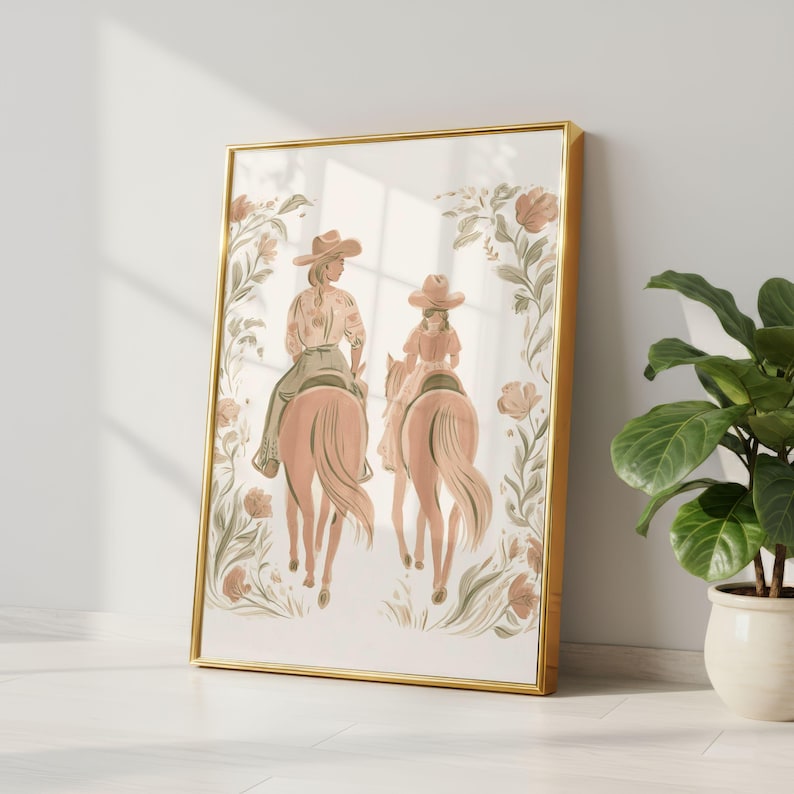 Southwest style western artwork featuring longhorns and cowgirl designs for a girl’s playroom.