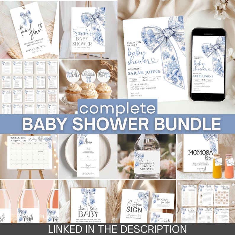 Blue Bow Baby Shower Invite Downloadable Baby Boy Shower Online Invitation Toile De Jouy Coquette Ribbon Pale Blue Baby Sprinkle E Invite image 12