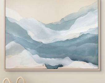 Wave Art Painting Wall Dining Room Wall Art Canvas With Frame Watercolor Blue Art Coastal Cottagecore Print Home Decor Artwork Midcentury