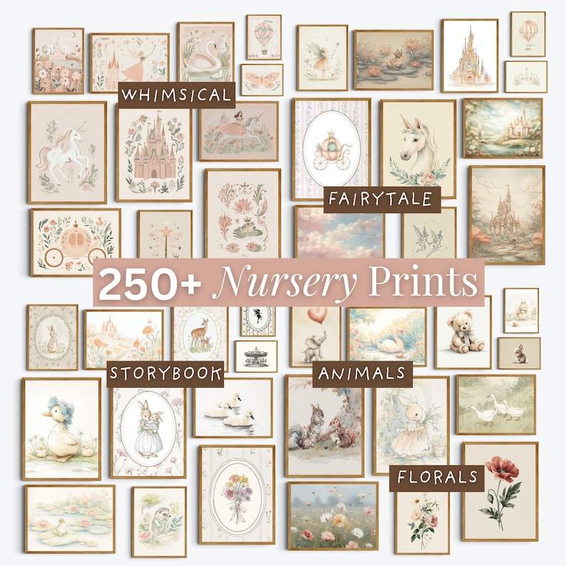 Girl nursery wall art vintage collection styled above a changing table with soft nostalgic children’s room decor