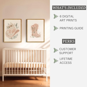 May include: Two framed art prints featuring floral cowboy hat and boot illustrations hang above a white crib. Text includes WHAT'S INCLUDED, 6 DIGITAL ART PRINTS, PRINTING GUIDE, PERKS, CUSTOMER SUPPORT, and LIFETIME ACCESS. The prints use soft earth tones.