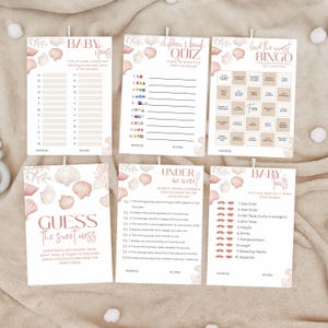 Seashell Baby Shower Editable Bundle Download Pink Girl Shower Game Bundle Neutral Beach Boho Baby Sprinkle Invitation Template Editable PDF image 14