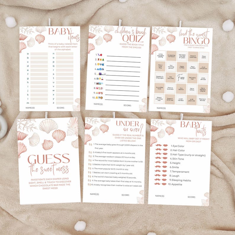Seashell Baby Shower Editable Bundle Download Pink Girl Shower Game Bundle Neutral Beach Boho Baby Sprinkle Invitation Template Editable PDF image 14