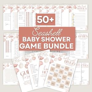 Puede incluir: Un paquete de juegos para baby shower con temática de conchas marinas. Los juegos incluyen bingo, trivia de películas y otras actividades divertidas. El paquete incluye más de 50 juegos. El texto "Seashell BABY SHOWER GAME BUNDLE" se muestra en el centro de la imagen.