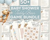 Blue Bear Baby Shower Game Bundle Printable Baby Trivia Boy Shower Game Pack Boho Teddy Bear Balloon Guessing Party Game Sign Edit Download