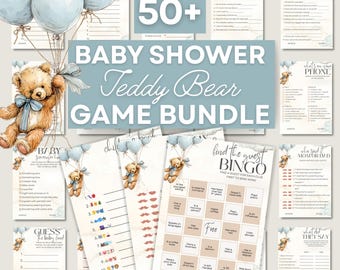Blue Bear Baby Shower Game Bundle Printable Baby Trivia Boy Shower Game Pack Boho Teddy Bear Balloon Guessing Party Game Sign Edit Download