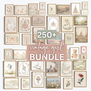 Vintage nursery art bundle for baby girl with soft animal watercolor prints styled as a pink floral gallery wall above crib