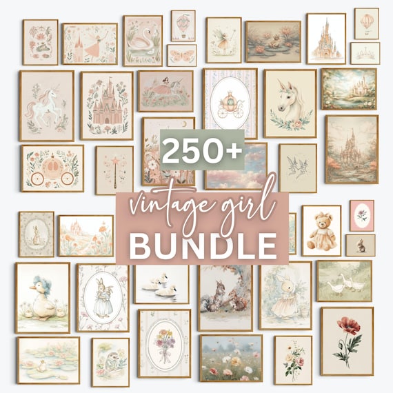 Vintage Nursery Art Bundle Baby Girl Print Gallery Wall Soft Animal Artwork Set Floral Above Crib Pink Watercolor Painting Toddler Playroom