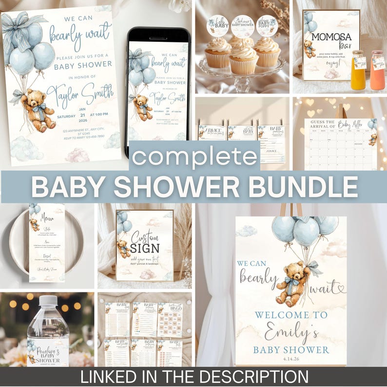 We Can Bearly Wait Baby Shower Editable Invitation Edit Pale Blue Balloons Teddy Bear Theme Boy Shower Invite Boho Digital Download Invited image 12