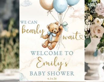 We Can Bearly Wait Welcome Sign Downloadable Entrance Decor Blue Brown Teddy Bear Baby Shower Balloon Canva Template Restaurant Signage Edit