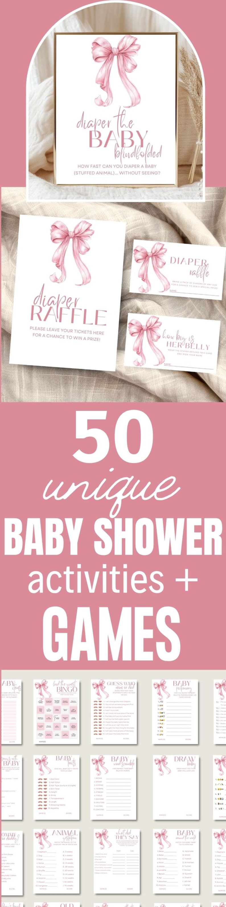 This Girl Baby Shower Game Bundle Printable Pink Bow Trivia Set features a Blush Ribbon Party Bingo Collection designed as an Instant Download Gaming Sign Pack Minimalist. This set is perfect for creating a coordinated and stylish baby shower activity setup.