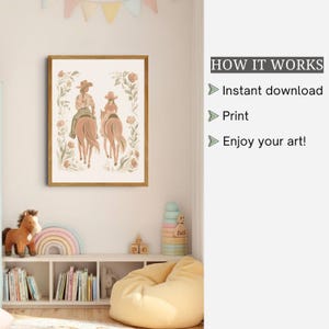 May include: A framed wall art print featuring a digital illustration of two figures in cowboy hats riding horses, surrounded by floral elements. To the right, the text reads: HOW IT WORKS, Instant download, Print, Enjoy your art!