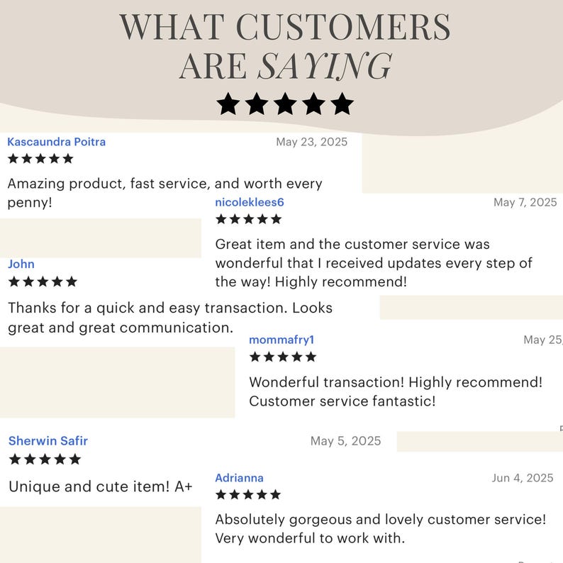 May include: A beige graphic with the text "WHAT CUSTOMERS ARE SAYING" above customer reviews. The reviews include star ratings and comments like "Amazing product, fast service" and "Wonderful transaction!"