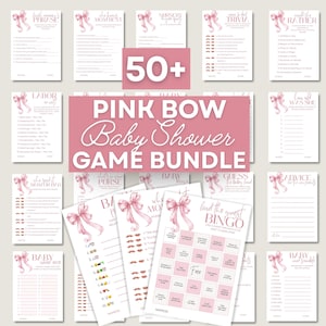 Puede incluir: Un conjunto de juegos para baby shower en rosa, con ilustraciones de lazo rosa. El paquete incluye juegos como trivial y bingo. El texto "PINK BOW Baby Shower GAME BUNDLE" se muestra de forma destacada.
