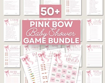Girl Baby Shower Game Bundle Printable Pink Bow Trivia Set Blush Ribbon Party Bingo Collection Instant Download Gaming Sign Pack Minimalist