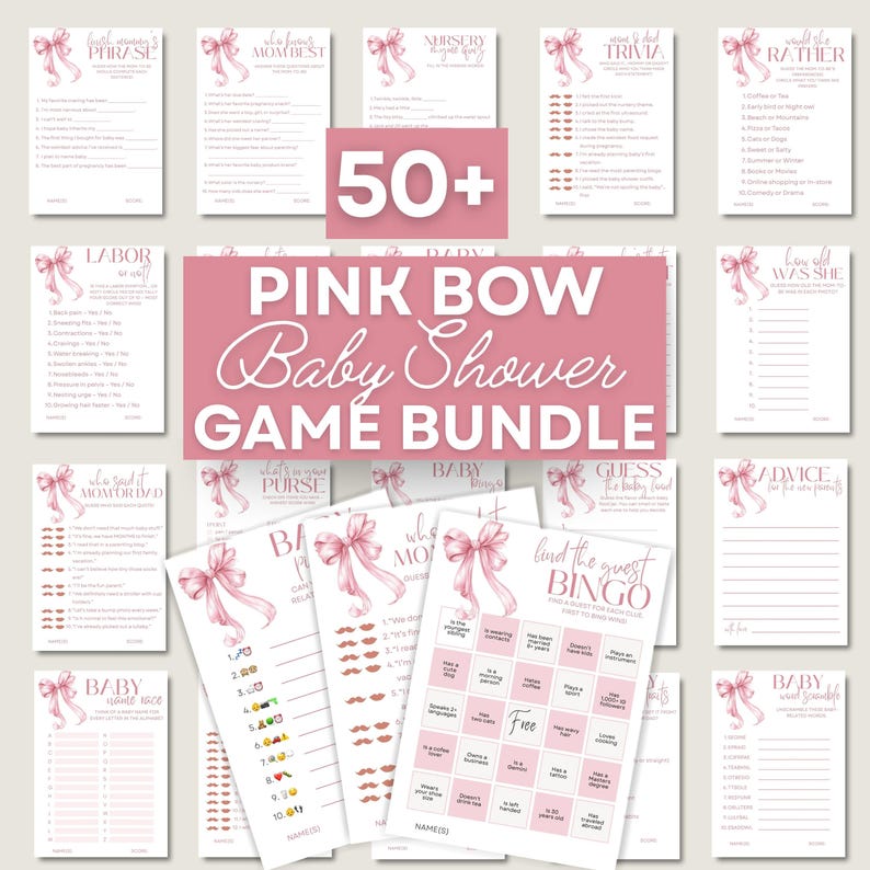 Girl Baby Shower Game Bundle Printable Pink Bow Trivia Set and Blush Ribbon Party Bingo Collection, minimalist instant download pack