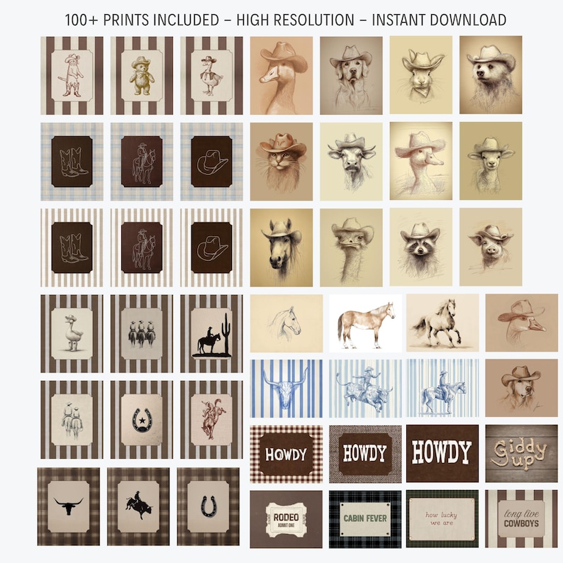 May include: A collection of 100+ digital prints featuring cowboy-themed illustrations, including animals wearing hats, horses, rodeo scenes, and text graphics like HOWDY, GIDDY UP, and CABIN FEVER, presented in a grid layout with brown and beige tones.