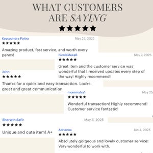 May include: Image featuring customer reviews with a neutral background. The text "WHAT CUSTOMERS ARE SAYING" is at the top, followed by star ratings. Reviews include positive comments about product quality, service, and communication.