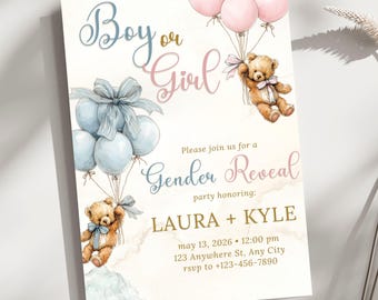 Bear Gender Reveal Invitation Template Digital Card Editable Baby Shower Invite Teddy Design Cute Pink Blue Balloon Party Boy Or Girl Canva