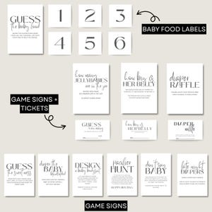 May include: A set of white baby shower game signs and tickets with black text. Games include "Guess the Baby Food," "How Many Jellybabies," and "Diaper Raffle." Numbered cards and baby food labels are also present.