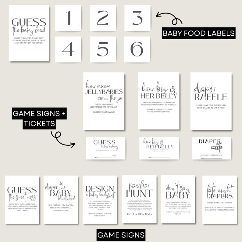 May include: A set of white baby shower game signs and tickets with black text. Games include "Guess the Baby Food," "How Many Jellybabies," and "Diaper Raffle." Numbered cards and baby food labels are also present.