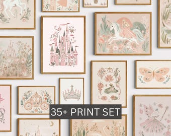 Whimsical Nursery Wall Art Print Bundle Baby Girl Room Blush Pink Fairytale Poster Vintage Playroom Collage Princess Crown Digital Download