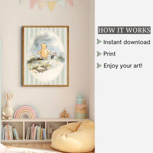 May include: A framed watercolor print featuring Winnie the Pooh and Piglet in a whimsical scene. The artwork is set within an oval frame against a striped background. The frame is a warm brown color. The text "HOW IT WORKS" and instructions are visible on the right.