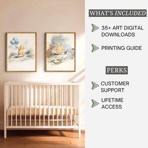 May include: Two framed watercolour-style prints featuring Winnie the Pooh characters, displayed above a white cot. Text on the right reads: WHAT'S INCLUDED, 35+ ART DIGITAL DOWNLOADS, PRINTING GUIDE, PERKS, CUSTOMER SUPPORT, and LIFETIME ACCESS.