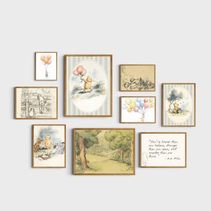 Cozy reading nook wall art with classic bear illustrations and charming cottagecore nursery decor.