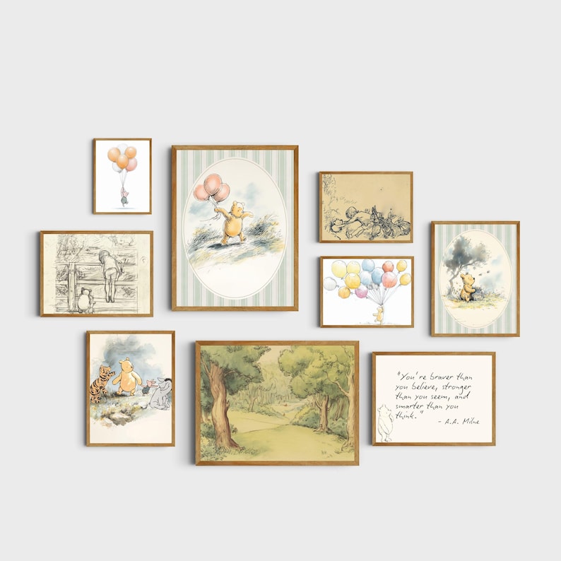 Cozy reading nook wall art with classic bear illustrations and charming cottagecore nursery decor.