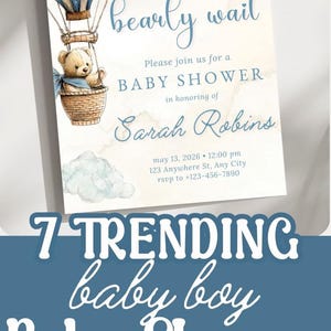 This Bear Baby Shower Editable Invite Template makes it easy to create a special celebration. The baby boy shower invitation features a blue toile hot air balloon with a bearly wait theme and comes as a printable party eInvite PDF download.