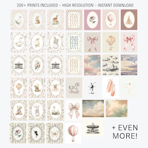May include: A collection of watercolor prints featuring various illustrations, including animals, hot air balloons, bows, and a carousel. The prints have a soft, pastel color palette and include the text "250+ PRINTS INCLUDED - HIGH RESOLUTION - INSTANT DOWNLOAD".