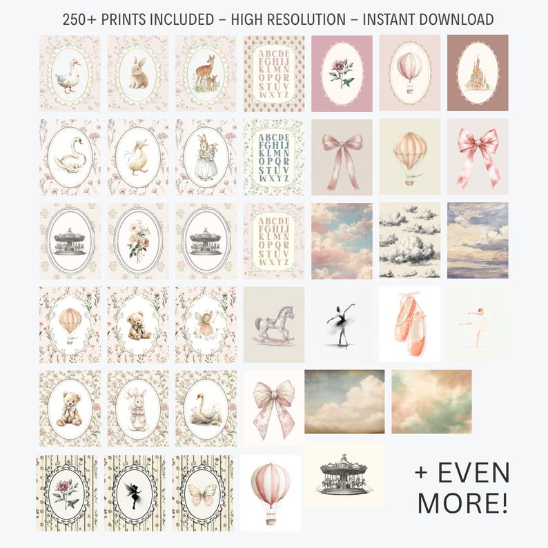 May include: A collection of watercolor prints featuring various illustrations, including animals, hot air balloons, bows, and a carousel. The prints have a soft, pastel color palette and include the text "250+ PRINTS INCLUDED - HIGH RESOLUTION - INSTANT DOWNLOAD".