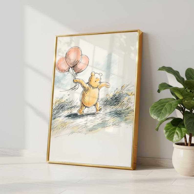 Downloadable Winnie-The-Pooh artwork showcased as a coordinated gallery wall in a toddler room.