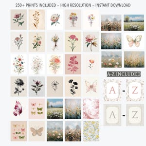 May include: A collection of watercolor floral prints and landscape paintings. The prints feature various flowers, butterflies, and scenic views in soft pastel colors. The image also includes A-Z letter prints.