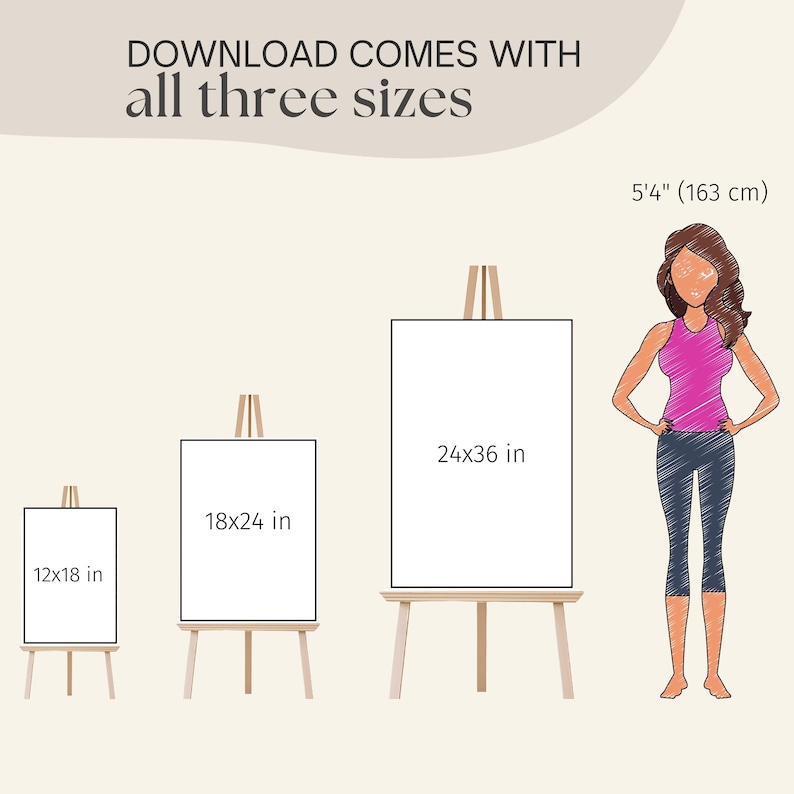 May include: Illustration showing three blank canvases on easels, each with a different size: 12x18 in, 18x24 in, and 24x36 in. The text "DOWNLOAD COMES WITH all three sizes" is at the top. A person is standing next to the largest canvas, with a height of 5'4" (163 cm).
