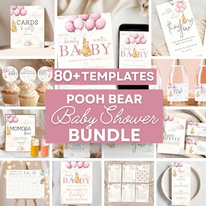 Winnie Pooh Baby Shower Bundle Editable Pink Balloons Girl Invitation Download Classic Pooh Bear Vintage Theme Game Template Digital Decor