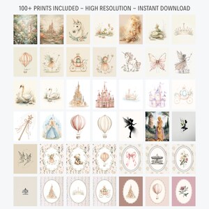 Puede incluir: Una colecci&oacute;n de estampas en acuarela con temas de cuentos de hadas y fantas&iacute;a. Las im&aacute;genes incluyen castillos, unicornios, hadas, globos aerost&aacute;ticos, cisnes y coronas. El texto "100+ PRINTS INCLUDED - HIGH RESOLUTION - INSTANT DOWNLOAD" est&aacute; en la parte superior.